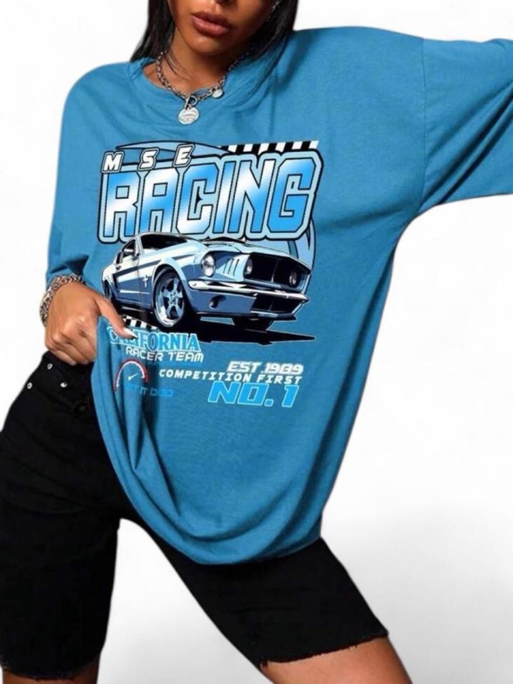SHEIN Blue Graphic Racing Short Sleeve Tee